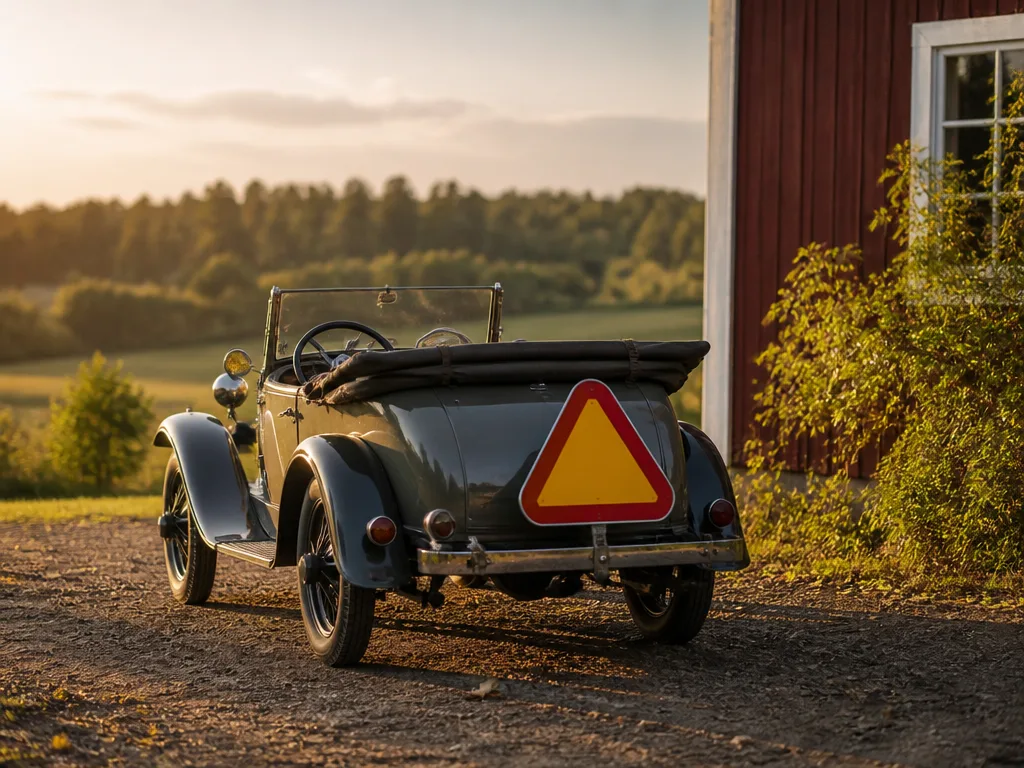 Ombyggd äldre bil med LGF-skylt parkerad på en grusplan