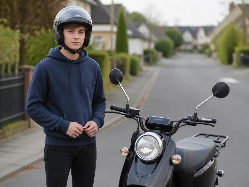 Tonåring med hjälm bredvid en EU-moped på en lugn förortsgata
