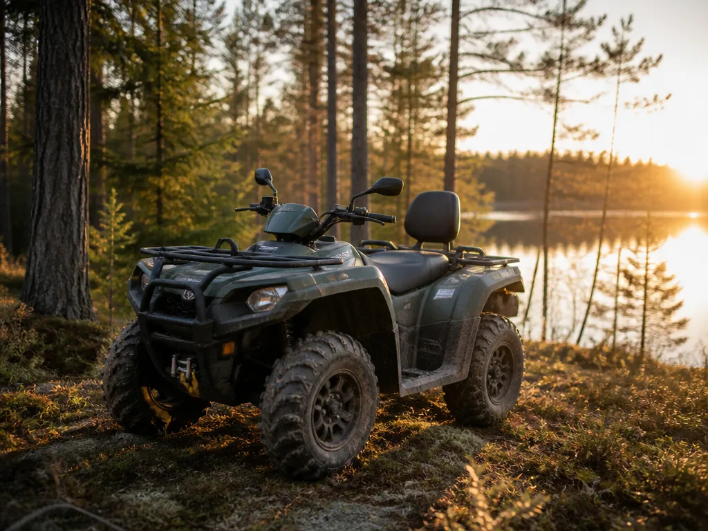 Fyrhjuling parkerad i skogsbryn i kvällsljus