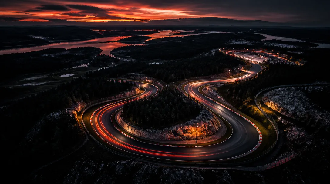 Flygvy över en slingrande asfaltbana i skandinaviskt landskap i skymningsljus