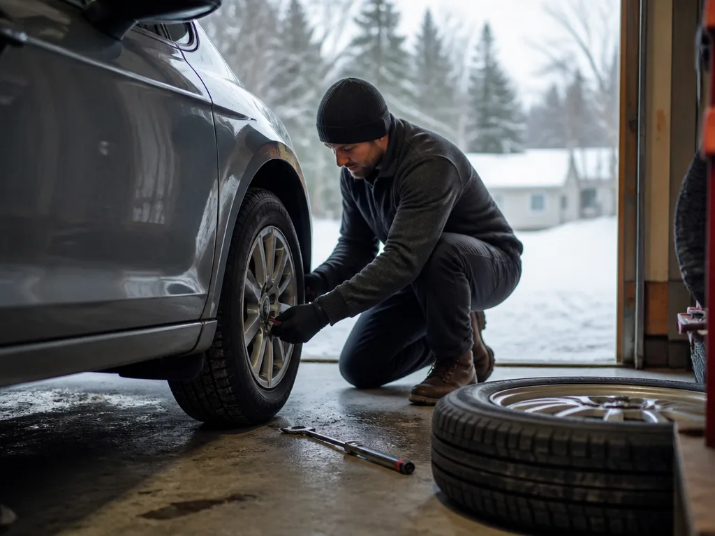 Vinterdäck monteras på en bil i ett garage med snö synligt utanför den öppna garageporten