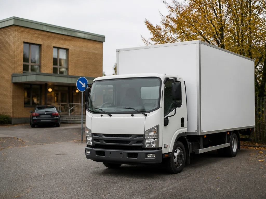 Medeltung lastbil parkerad utanför en trafikskola i dagsljus