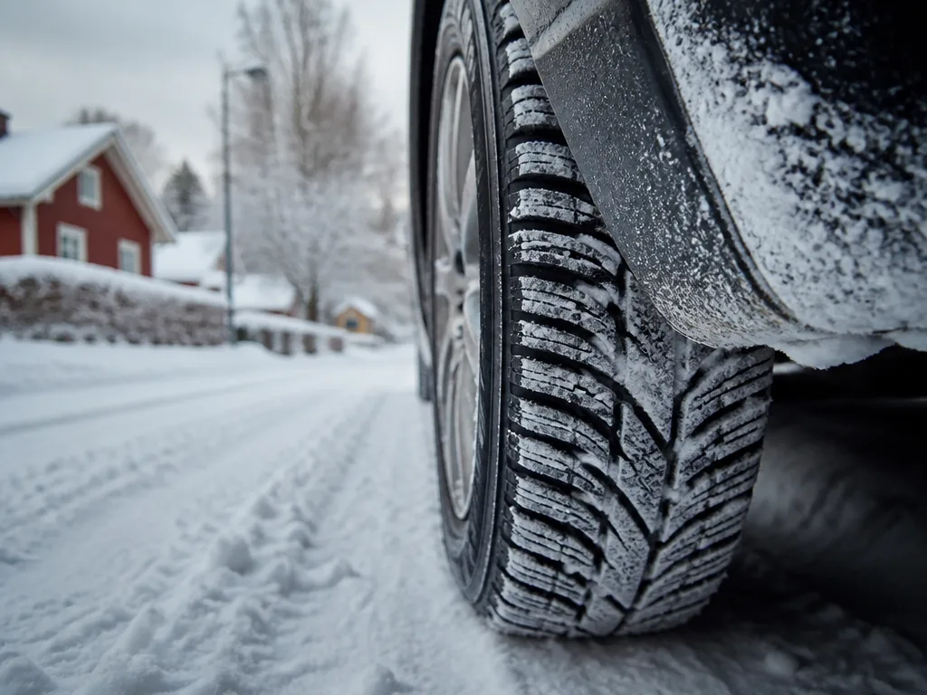 Ett dubbfritt vinterdäck monterat på en bil, med snö och slask på en svensk villagata