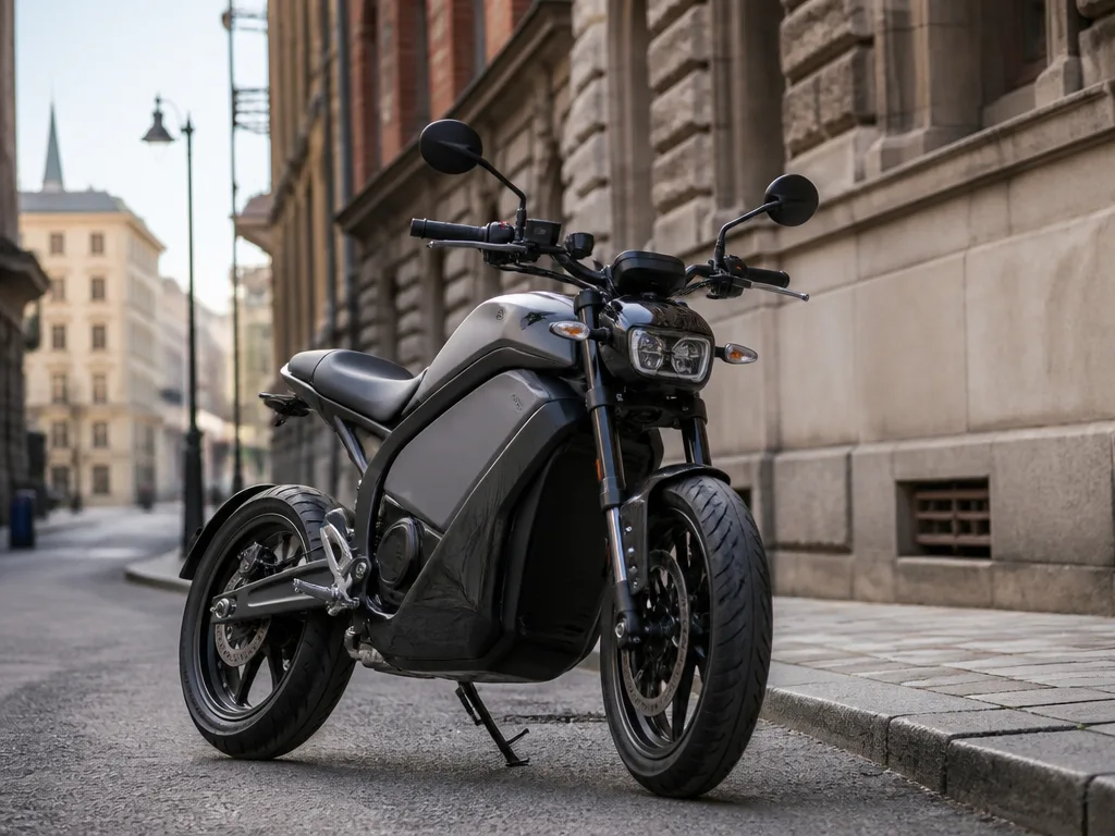 Elektrisk motorcykel parkerad på stadsgata i mjukt naturligt ljus