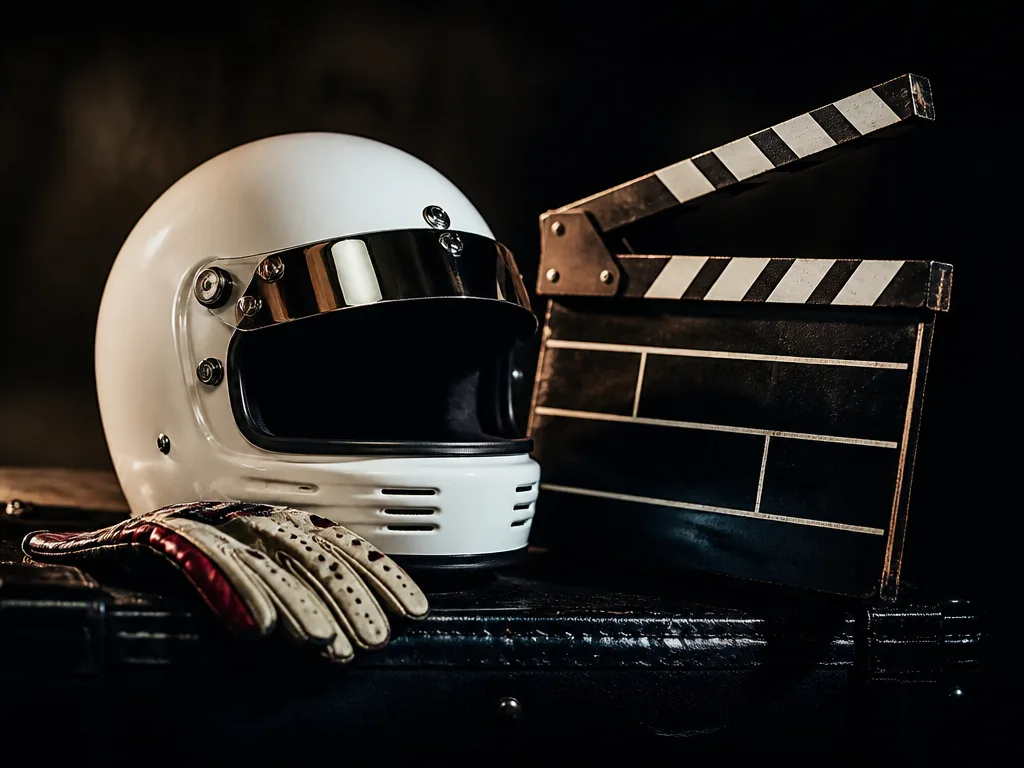 Racinghjälm och körhandskar bredvid en filmklaff på mörkt underlag i dramatiskt studioljus