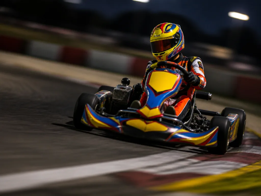 Gokart i full fart genom en kurva på racerbana med motion blur och dramatisk banbelysning
