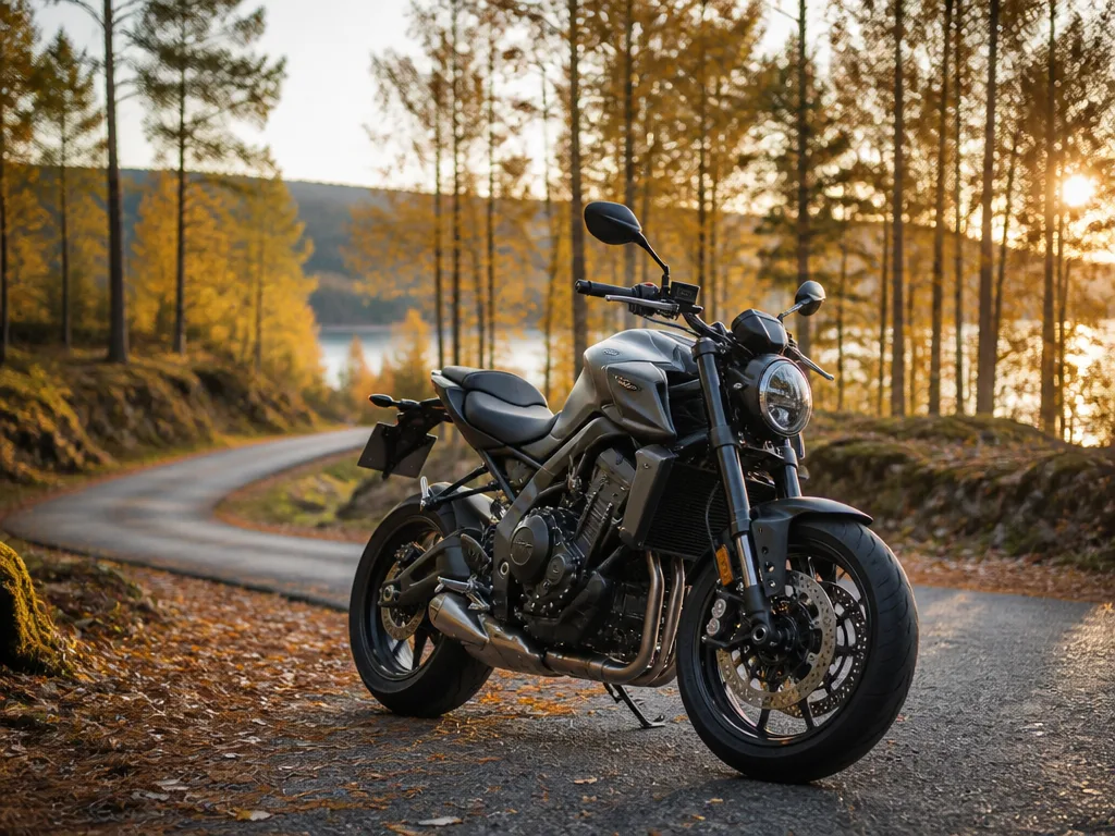 Naken motorcykel parkerad på en skogsväg i Skandinavien omgiven av höstlöv i gyllene kvällsljus