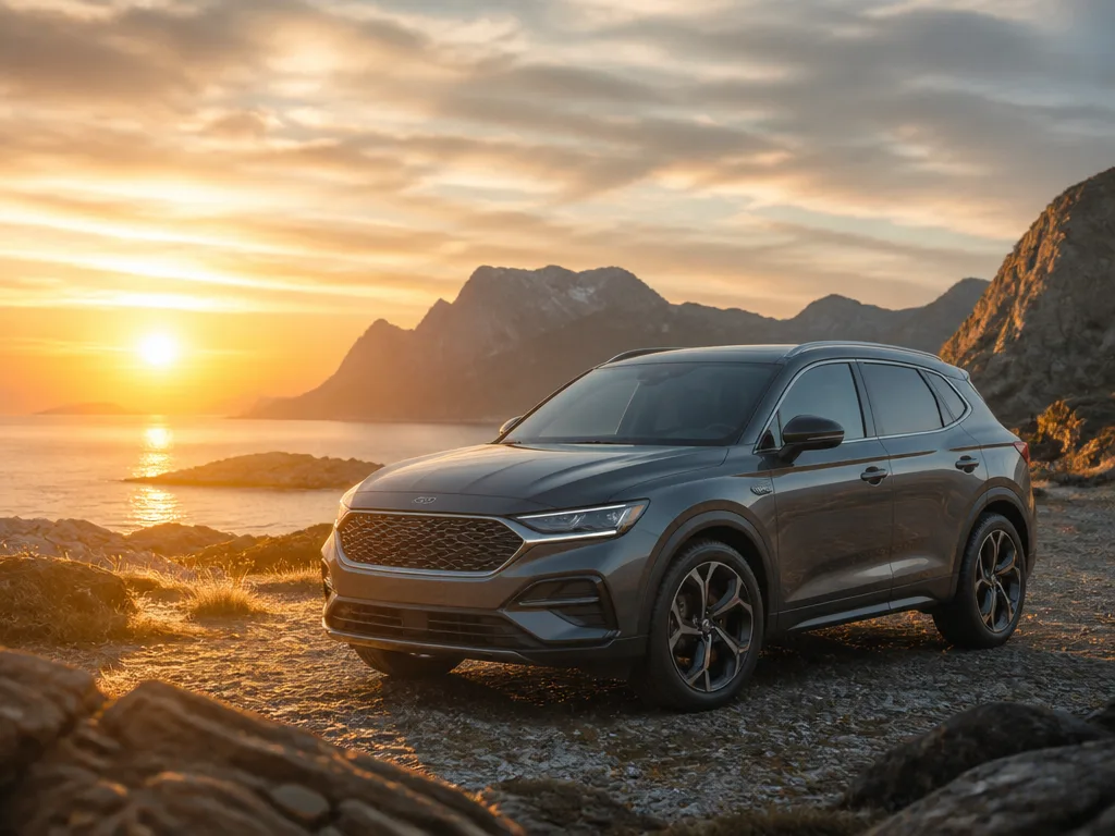Kompakt SUV parkerad i skandinaviskt landskap i kvällsljus