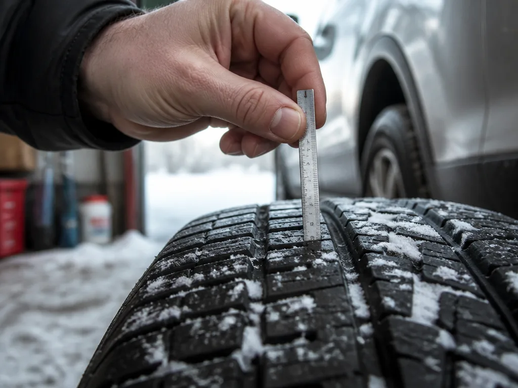 Närbild på en hand som mäter mönsterdjupet på ett vinterdäck med en tumstock i snöigt väder