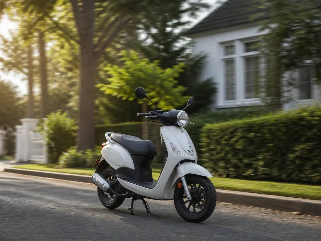 Kompakt EU-moped parkerad på en lugn förortsgata i morgonljus