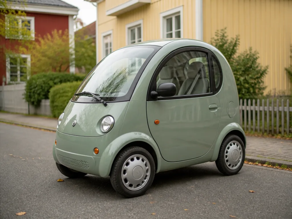 Liten fyrhjulig kaross-klädd mopedbil parkerad på en lugn förortsgata