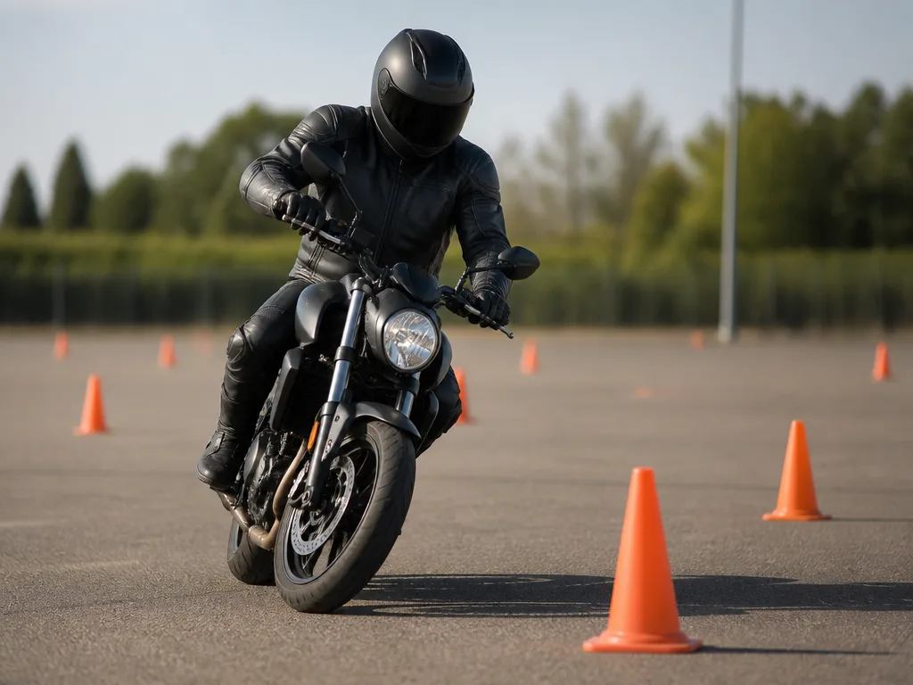 Motorcyklist i full skyddsutrustning övar lågfartsmanövrer på en stängd övningsbana under dagsljus