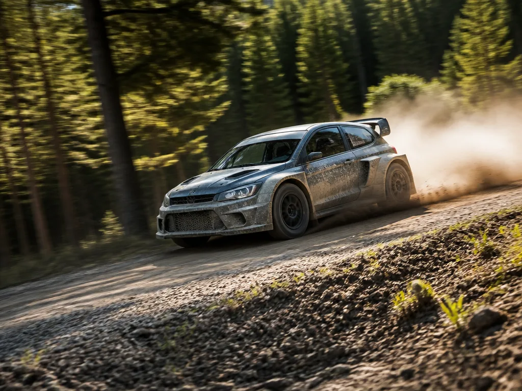 Rallycross-bil i sidläge på grusväg genom tallskog med dammoln och sommarljus
