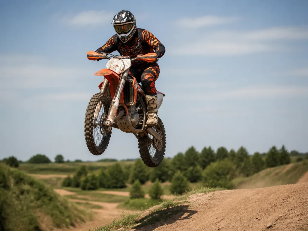 Motocrossförare i hjälm och skyddsutrustning hoppar på en sandig utomhusbana i solljus