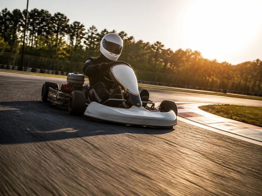 Kartingförare i hjälm tar en kurva på utomhusbana i solljus