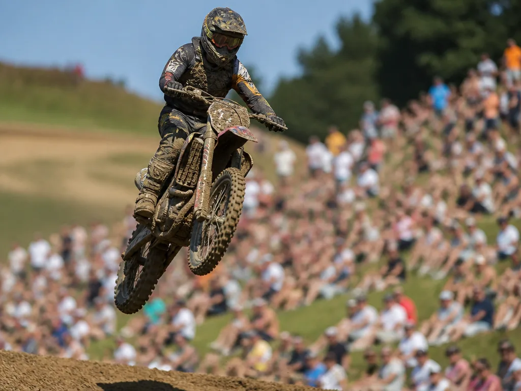 Motocrossförare hoppar på en sandig tävlingsbana med publik i bakgrunden under en solig sommardag
