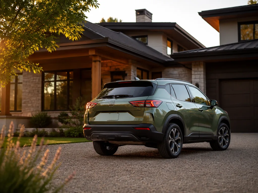 Kompakt SUV parkerad utanför en villa i kvällsljus