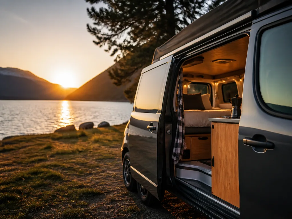 Kompakt plåtis campervan parkerad vid en sjö i kvällsljus med skjutdörren öppen