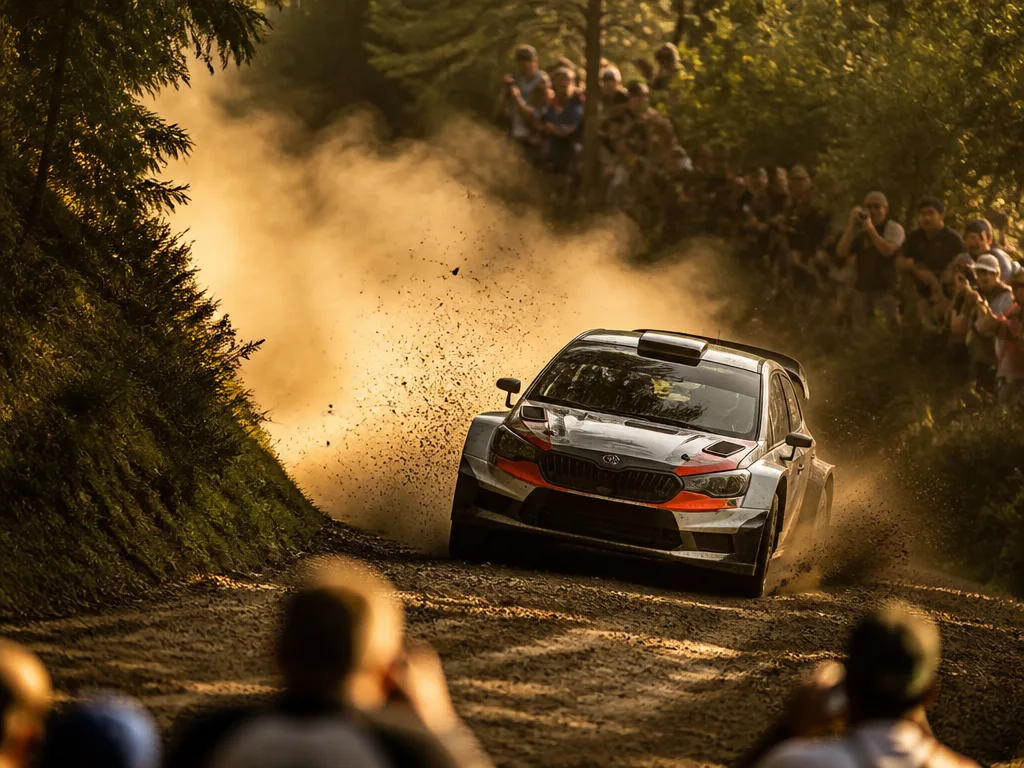 Rallybil i fart på grusvägsetapp med stoftmoln och publik längs kanten
