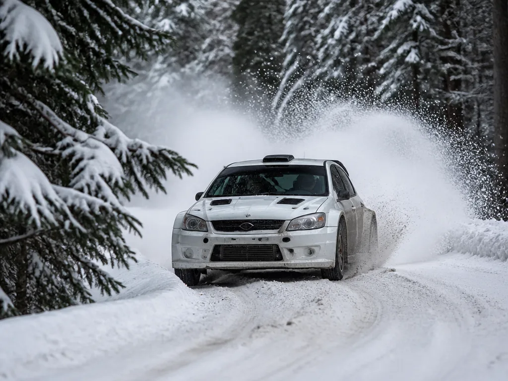 Rallybil i fart på snötäckt skogsväg under Rally Sweden i Umeå
