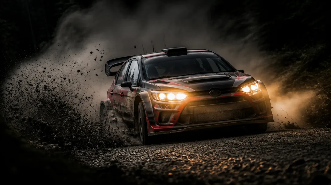 En rallybil som sladdar i sidled på en grusig skogsetapp med damm som virvlar upp
