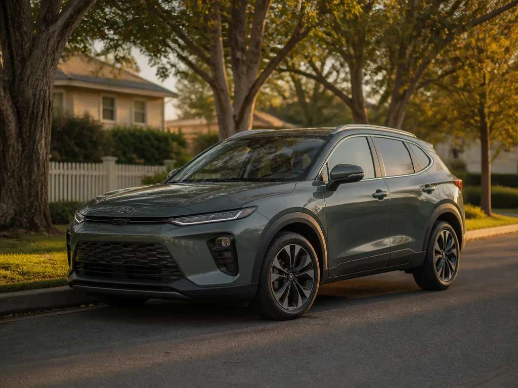Kompakt hybrid-SUV parkerad på en lugn förortsgata i kvällsljus