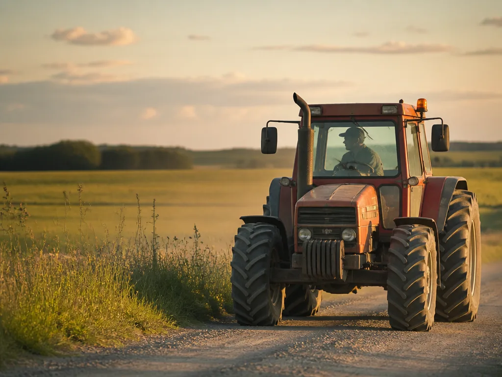 Traktor på grusväg vid ett svenskt lantbruk i sen eftermiddagssol
