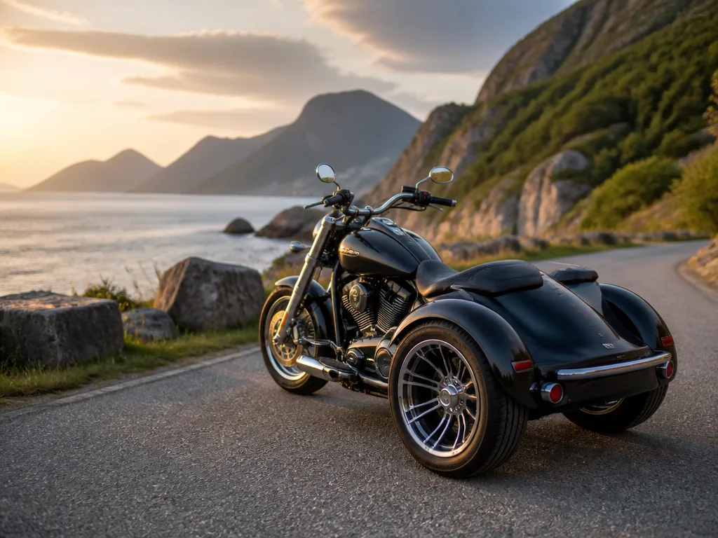 Trehjulig motorcykel parkerad på en kustvägskant i gyllene kvällsljus