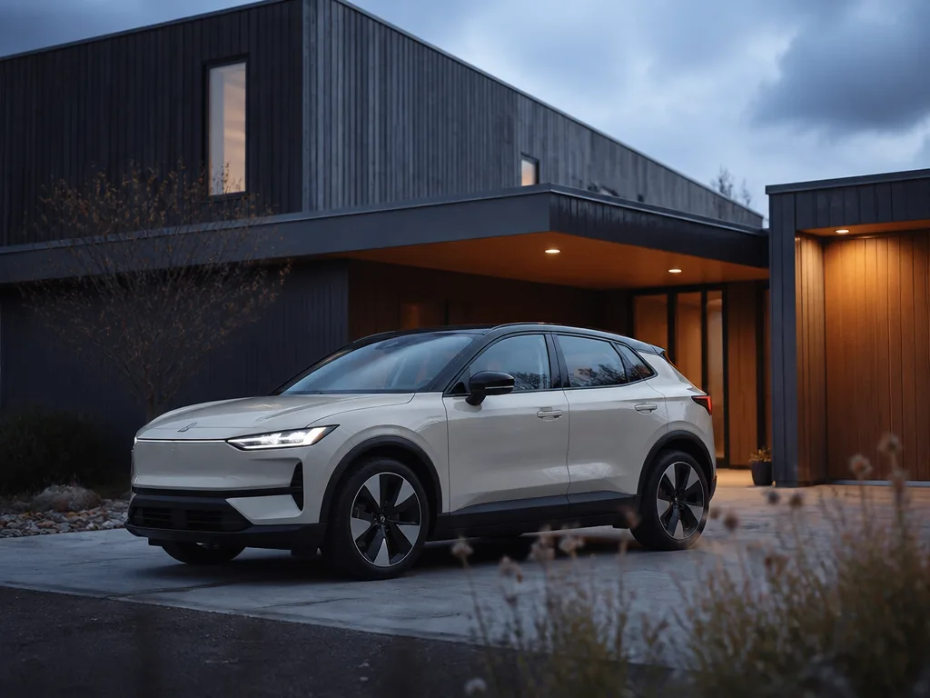 Kompakt elektrisk SUV parkerad i skandinaviskt kvällsljus