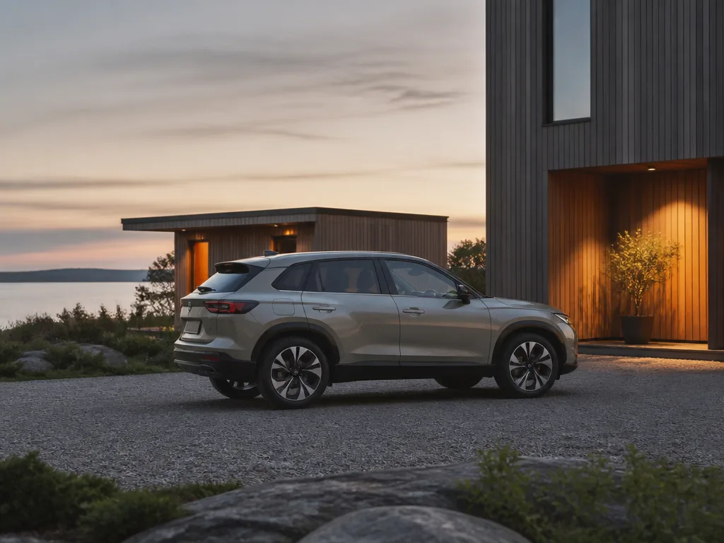 Kompakt SUV parkerad utanför ett modernt skandinaviskt hus i kvällsljus