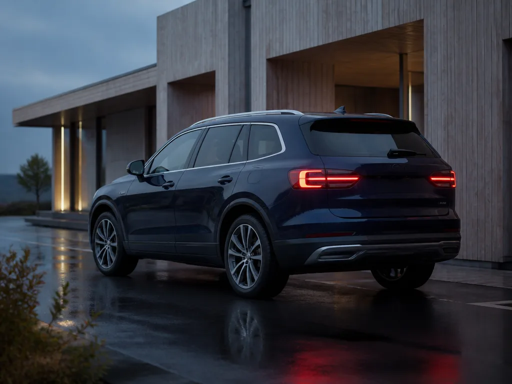Mellanstor SUV parkerad utanför en villa i skandinaviskt kvällsljus