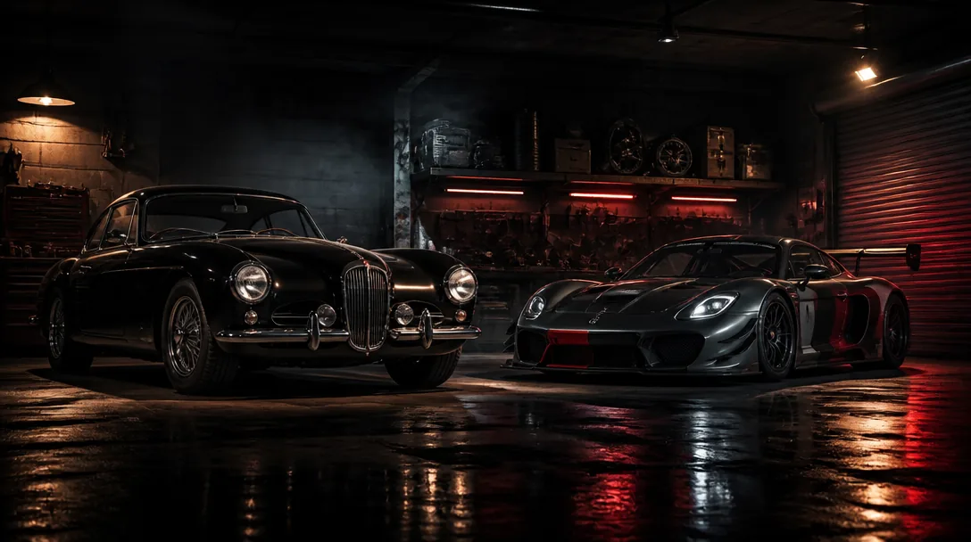 Klassiska bilar och en racingbil i ett stämningsfullt garage i kvällsljus